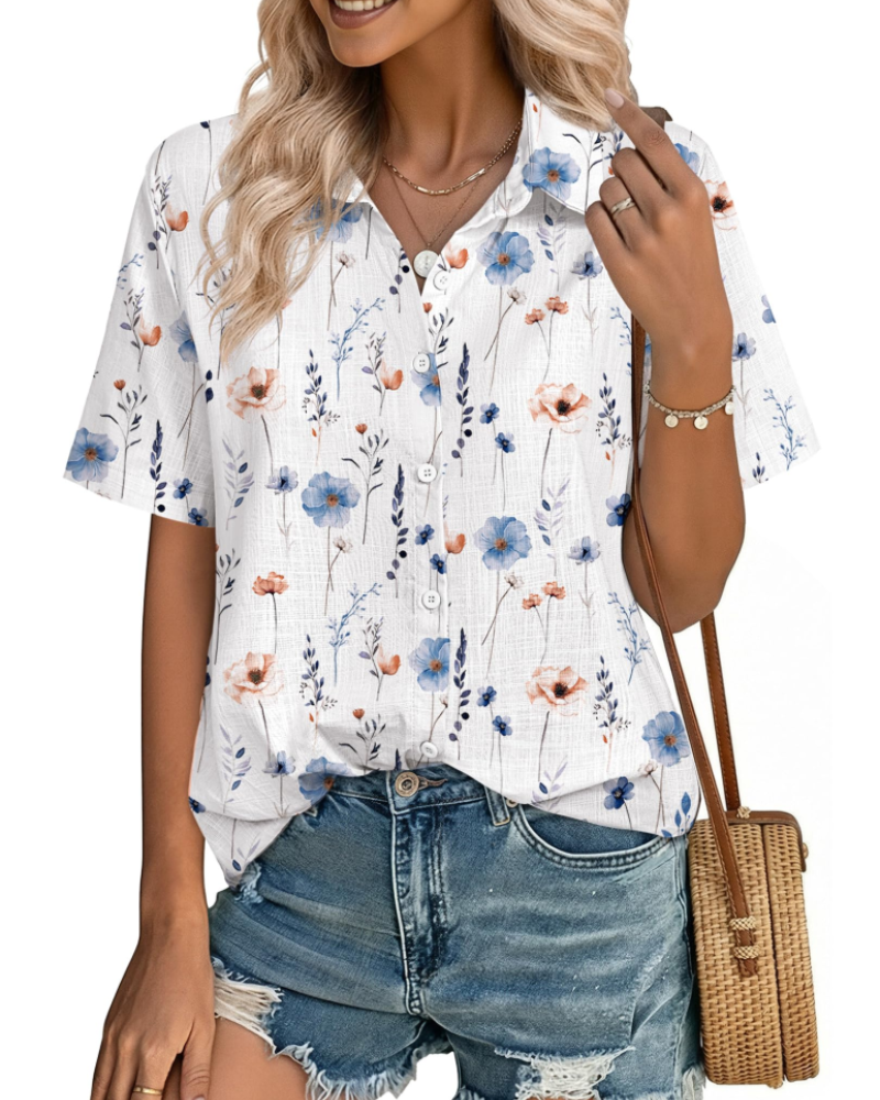 Charlotte Women's Cotton Linen Blouse – V-Neck Button Down Summer Shirt