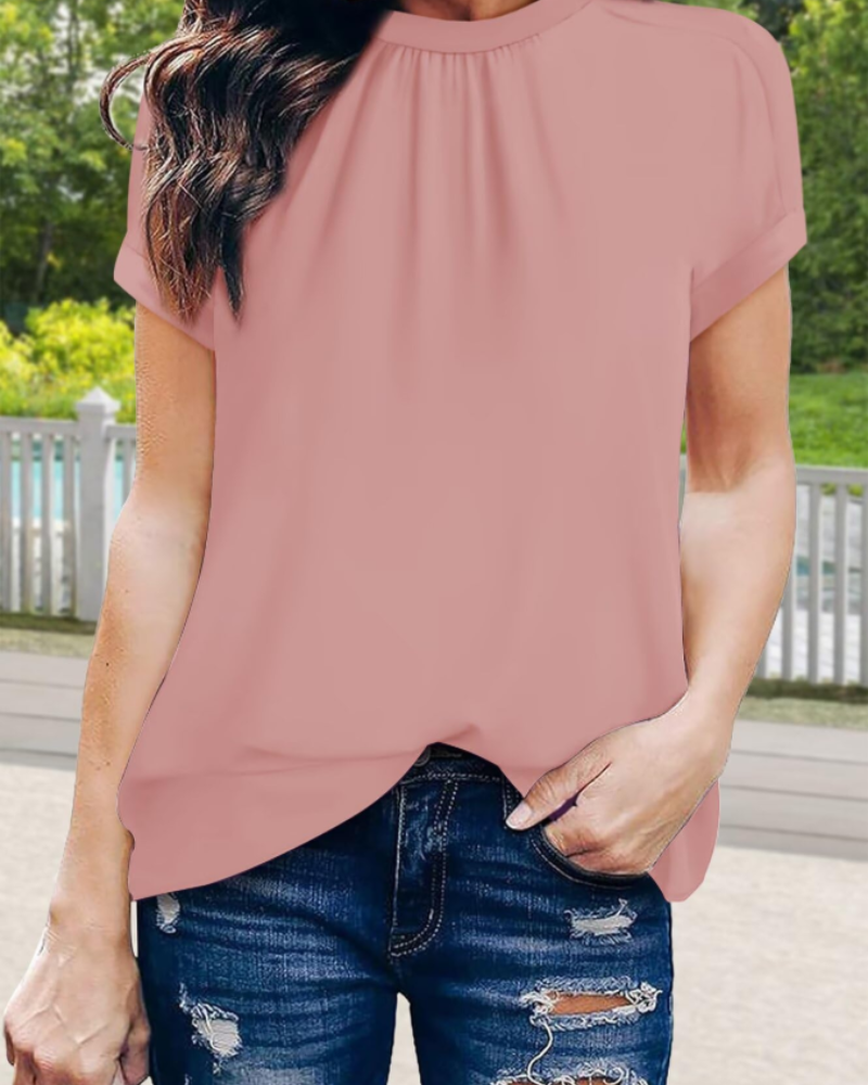 Fynlee Women's Pleated Blouse – Mock Neck Short Sleeve Elegant Chiffon Top