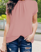 Fynlee Women's Pleated Blouse – Mock Neck Short Sleeve Elegant Chiffon Top