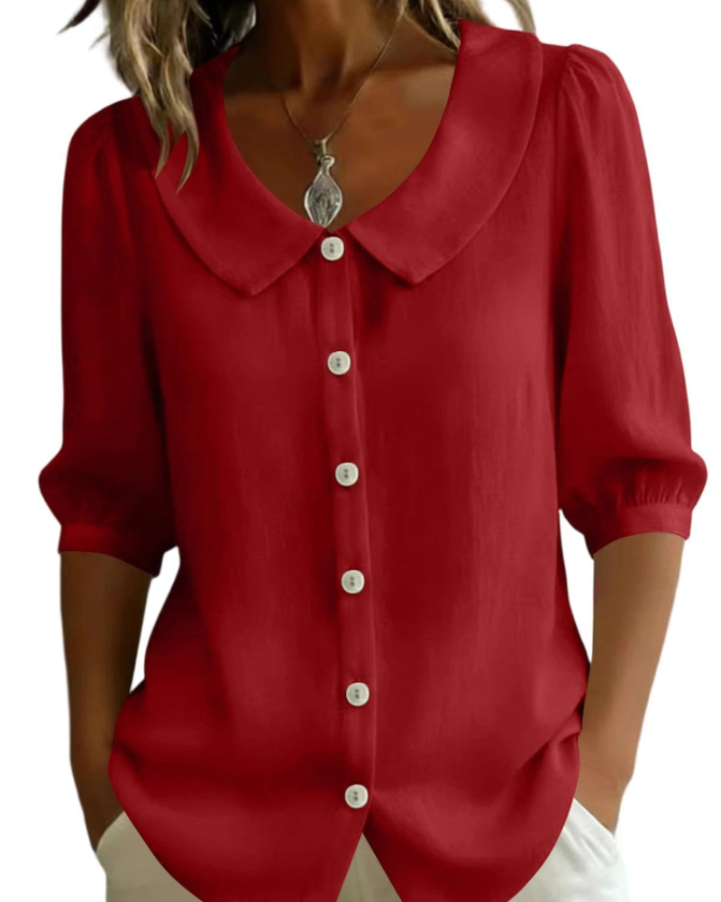 Belladonna Women's Linen-Look Blouse – Peter Pan Collar Puff Sleeve Casual Summer Shirt