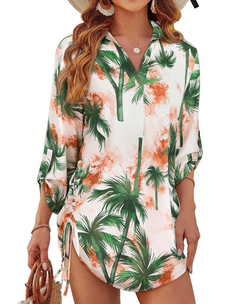 Bethany Women's Tropical Print Blouse – V-Neck Kimono Sleeve Boho Beach Cover-Up Top
