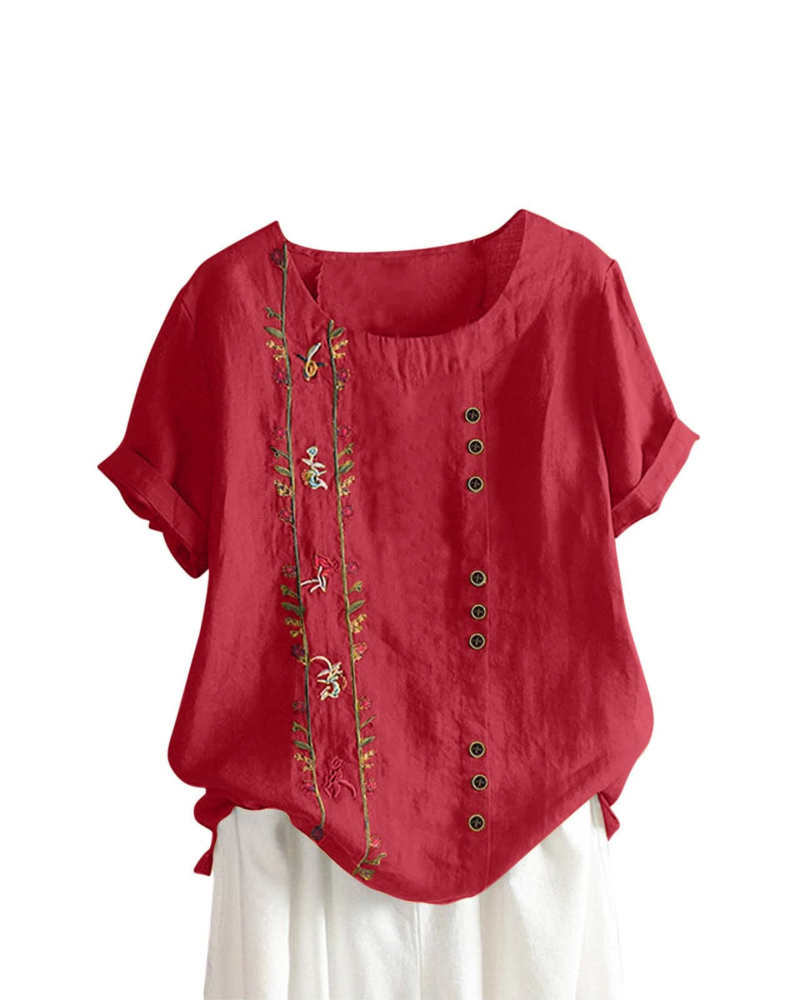 Amelia Women's Linen Blend Blouse – Floral Cotton Linen Summer Top