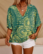 Benicia Women's Oversized Tunic Blouse – V-Neck Ethnic Print Batwing Summer Top