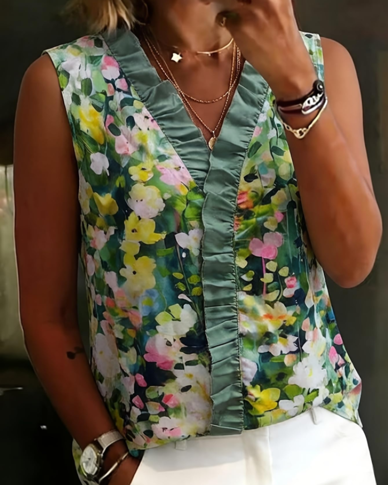 Farren Women's Floral Blouse – Sleeveless V-Neck Ruffle Front Summer Top Loose Fit