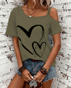 Bailey Women's One-Shoulder Top – Love Print Short Sleeve Casual Summer Blouse