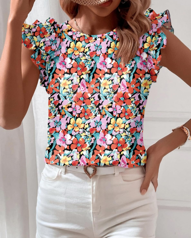 Beatrice Women's Boho Floral Blouse – Short Sleeve Ruffle Top Casual Summer Shirt
