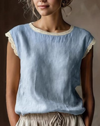Florabelle Women's Linen Blouse – Lace Trim Short Sleeve Breathable Summer Top