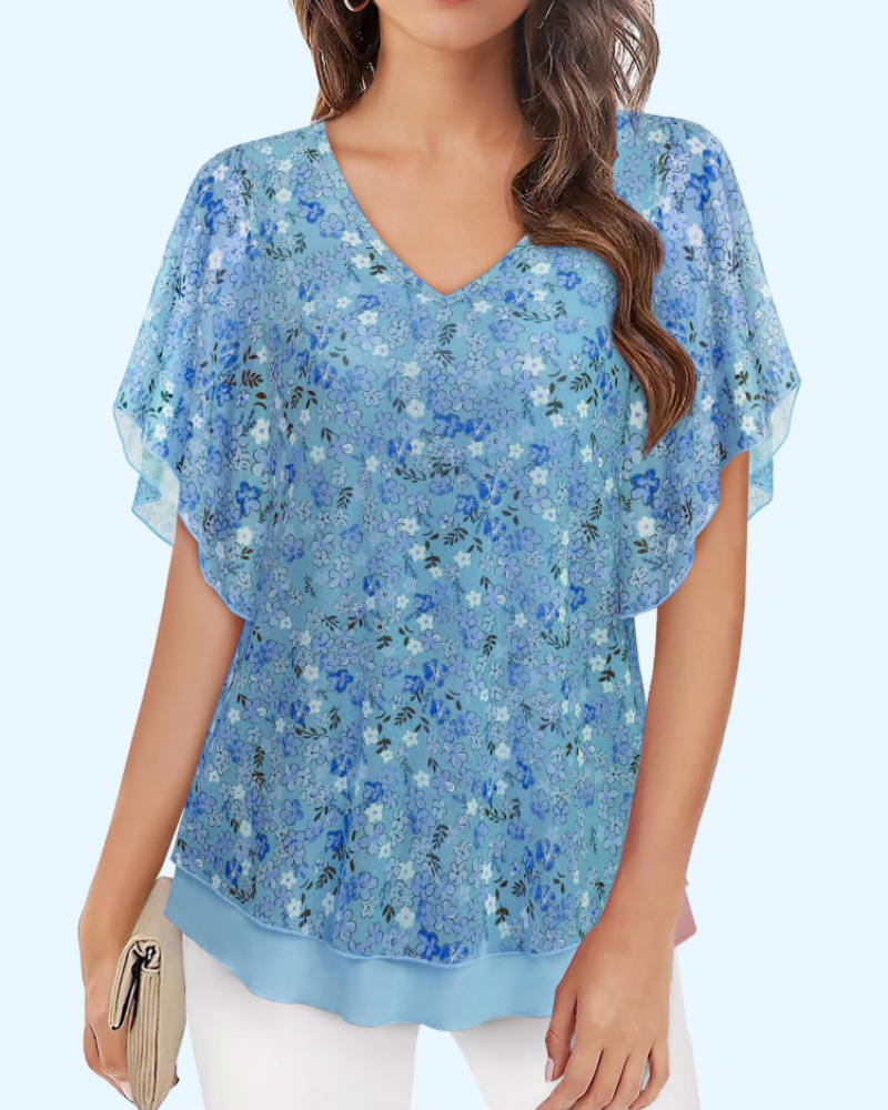 Breelyn Women's Mesh Blouse – Double Layer V-Neck Flounce Sleeve Elegant Summer Top