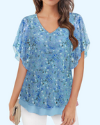 Breelyn Women's Mesh Blouse – Double Layer V-Neck Flounce Sleeve Elegant Summer Top
