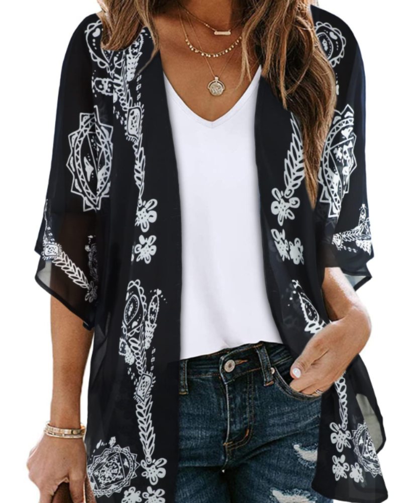 Bianca Women's Boho Kimono Cardigan – Floral Chiffon Beach Cover Up