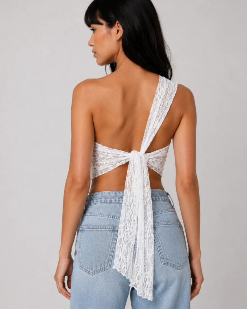 Delphine Women's One-Shoulder Lace Top – Elegant Asymmetric Party Blouse