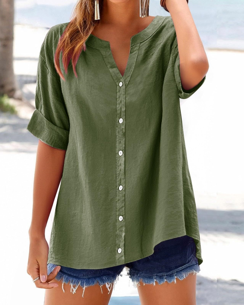 Bayla Women's Cotton Shirt – V-Neck Button-Down Roll-Up Sleeve Casual Blouse