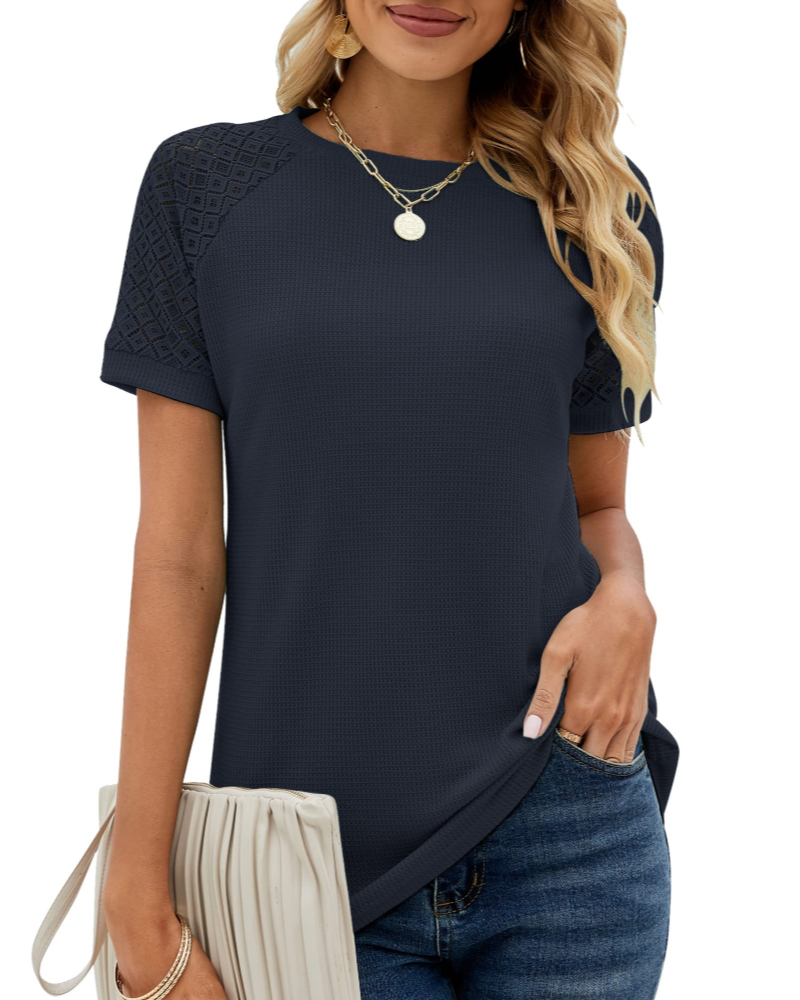 Baila Women's Lace T-Shirt – Short Sleeve Crew Neck Casual Loose Fit Summer Top