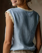 Florabelle Women's Linen Blouse – Lace Trim Short Sleeve Breathable Summer Top