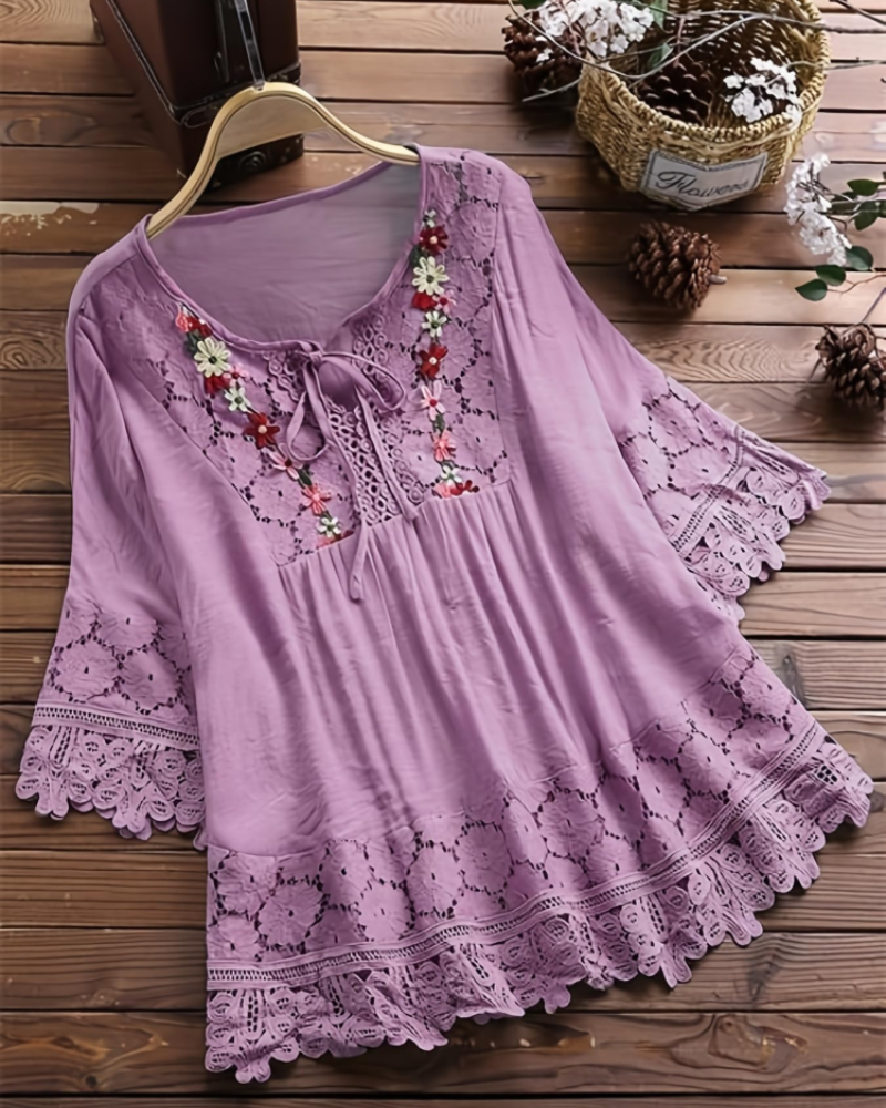 Delilah Women's Boho Blouse – Floral Embroidered V-Neck Top with Bell Sleeves