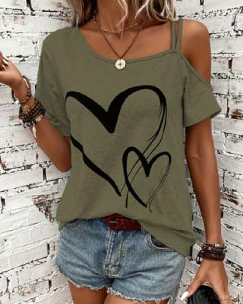 Bailey Women's One-Shoulder Top – Love Print Short Sleeve Casual Summer Blouse