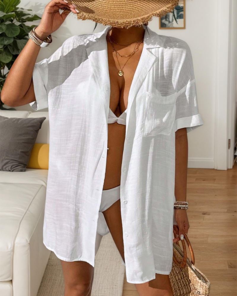 Brenda Women's Linen Shirt – Short Sleeve Collared Button Front Summer Blouse with Pocket