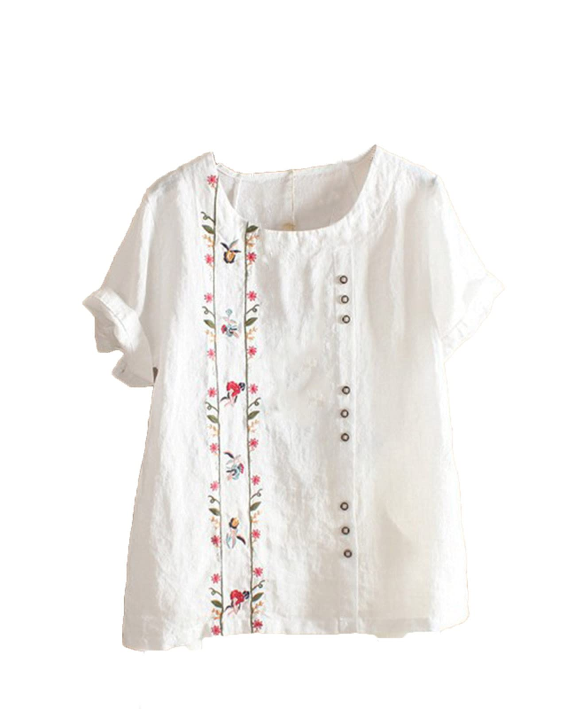 Amelia Women's Linen Blend Blouse – Floral Cotton Linen Summer Top