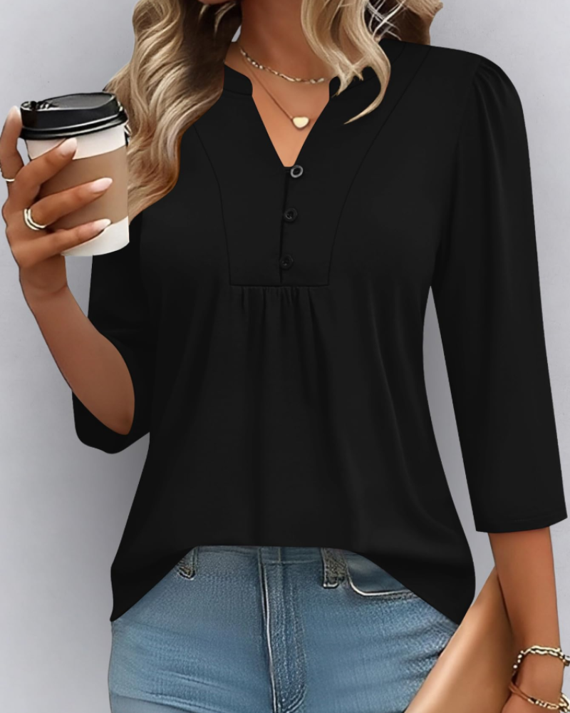 Hailey Women's Boho Blouse – V-Neck 3/4 Sleeve Pleated Casual Summer Top
