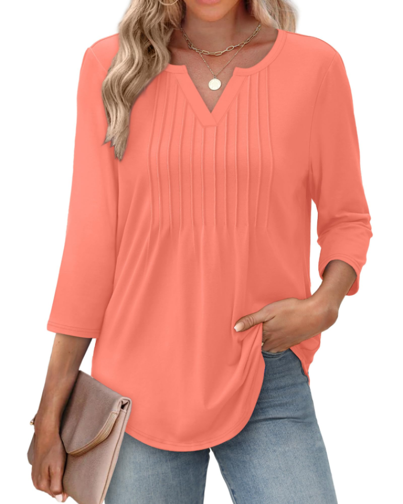 Melanie Women's V-Neck Blouse – 3/4 Sleeve Pleated Summer Top Casual Beach Shirt