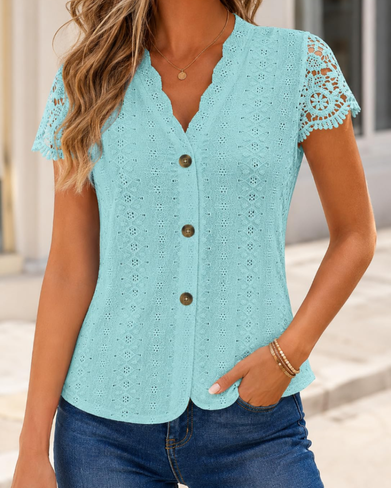 Binaaya Women's Knit Blouse – V-Neck Button-Down Cotton Tunic Casual Summer Top