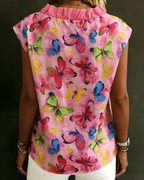 Farren Women's Floral Blouse – Sleeveless V-Neck Ruffle Front Summer Top Loose Fit