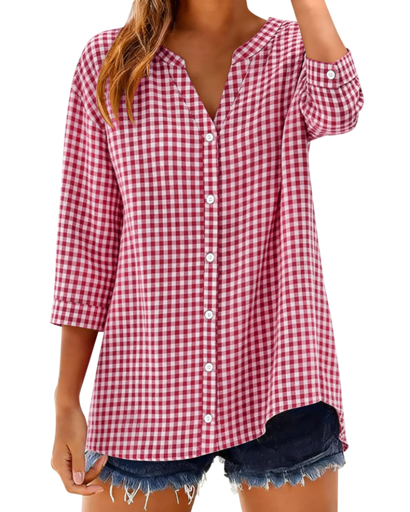 Sophie Women's Cotton Button Down Blouse – 3/4 Sleeve V-Neck Plaid Shirt