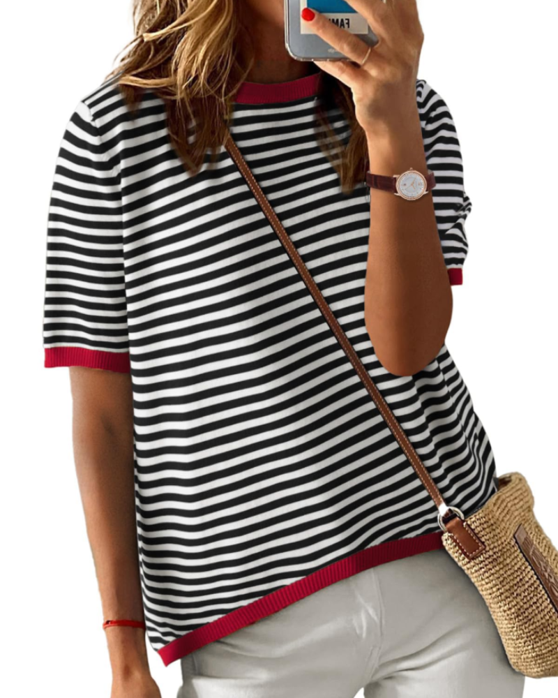Charlotte Women's Striped Knit Top – Loose Fit Short Sleeve Summer T-Shirt