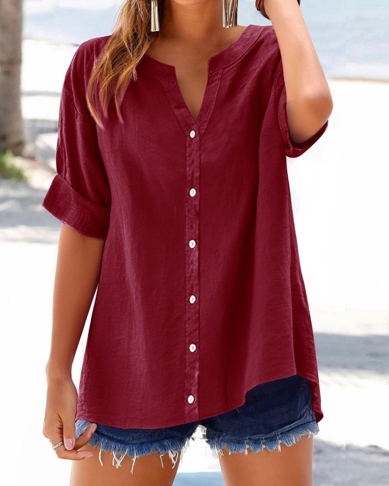 Bayla Women's Cotton Shirt – V-Neck Button-Down Roll-Up Sleeve Casual Blouse
