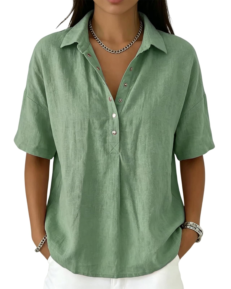 Franca Women's Linen Blouse – Half Sleeve Henley V-Neck Button Summer Shirt