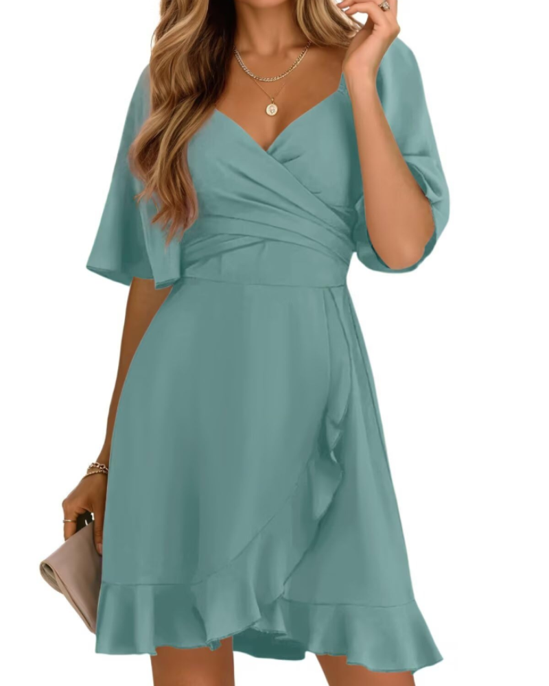 Ava Women's Wrap Mini Dress – V-Neck Smocked Waist Wedding Guest Dress