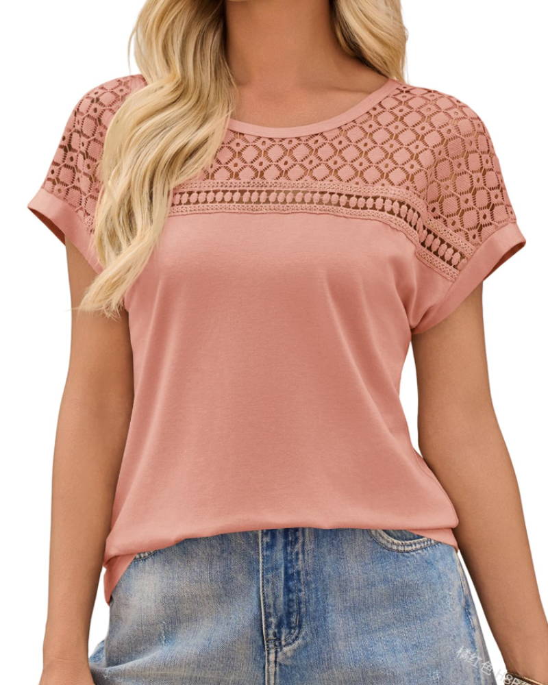 Natalia Women's Lace Blouse – Short Sleeve Round Neck Casual Elegant Summer Top
