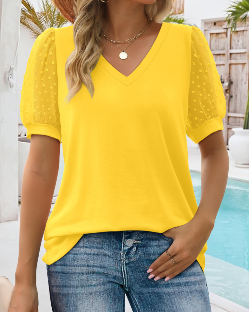 Florina Women's Swiss Dot Blouse – V-Neck Puff Sleeve Casual Summer Top Loose Fit