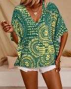 Benicia Women's Oversized Tunic Blouse – V-Neck Ethnic Print Batwing Summer Top