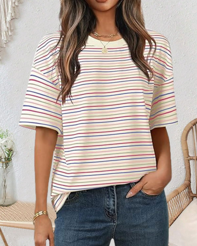 Berenika Women's Striped Blouse – Short Sleeve Round Neck Casual Summer Top