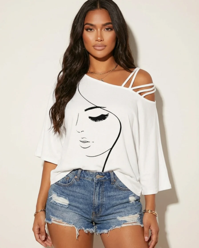 Lysandra Women's Off-Shoulder Blouse – Artistic Print Asymmetric Summer Top