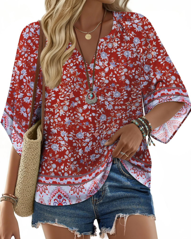 Vivienne Women's Bohemian V-Neck Blouse – Floral Summer Tunic Top