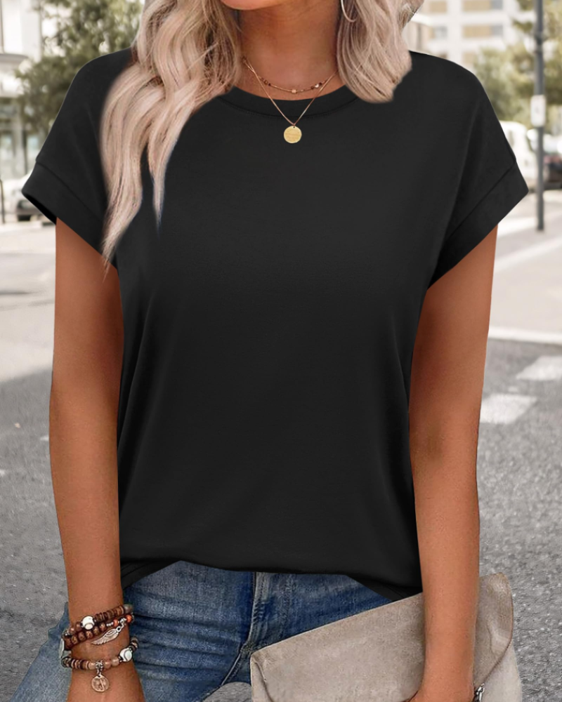 Fausta Women's Tunic Blouse – Short Sleeve Round Neck Casual Summer Top