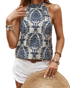 Fawnia Women's Boho Tunic Blouse – Sleeveless Floral Halter Neck Summer Top