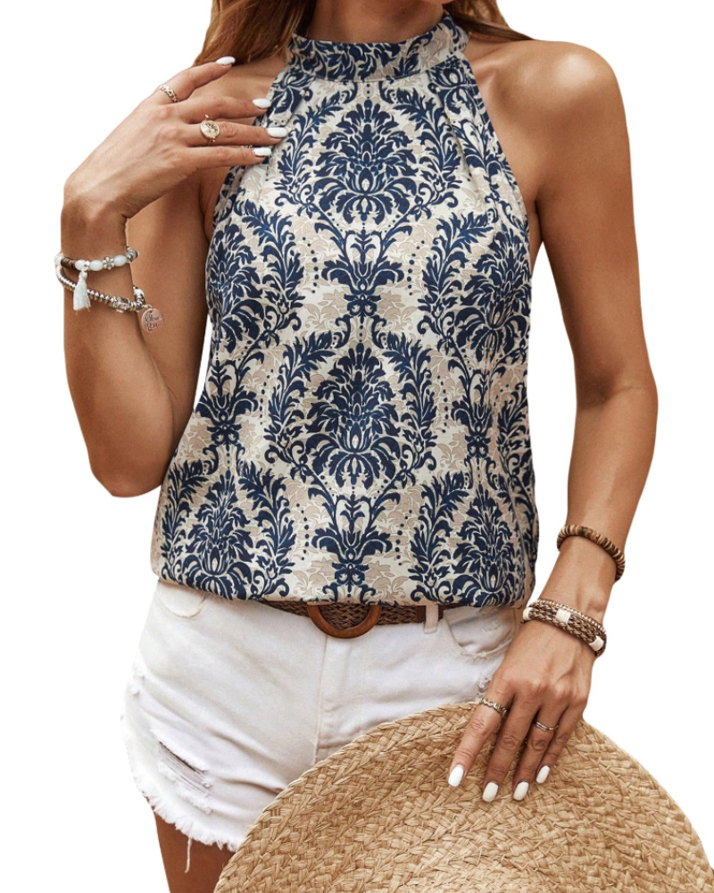 Fawnia Women's Boho Tunic Blouse – Sleeveless Floral Halter Neck Summer Top