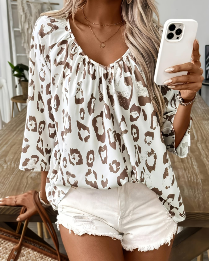 Bianca Women's Satin Blouse – V-Neck Printed Boho Top with Butterfly Sleeves