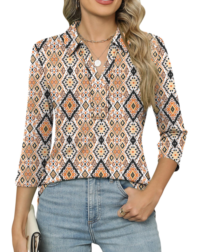 Bexlyn Women's Polo Blouse – 3/4 Sleeve V-Collar Business Casual Tunic Top