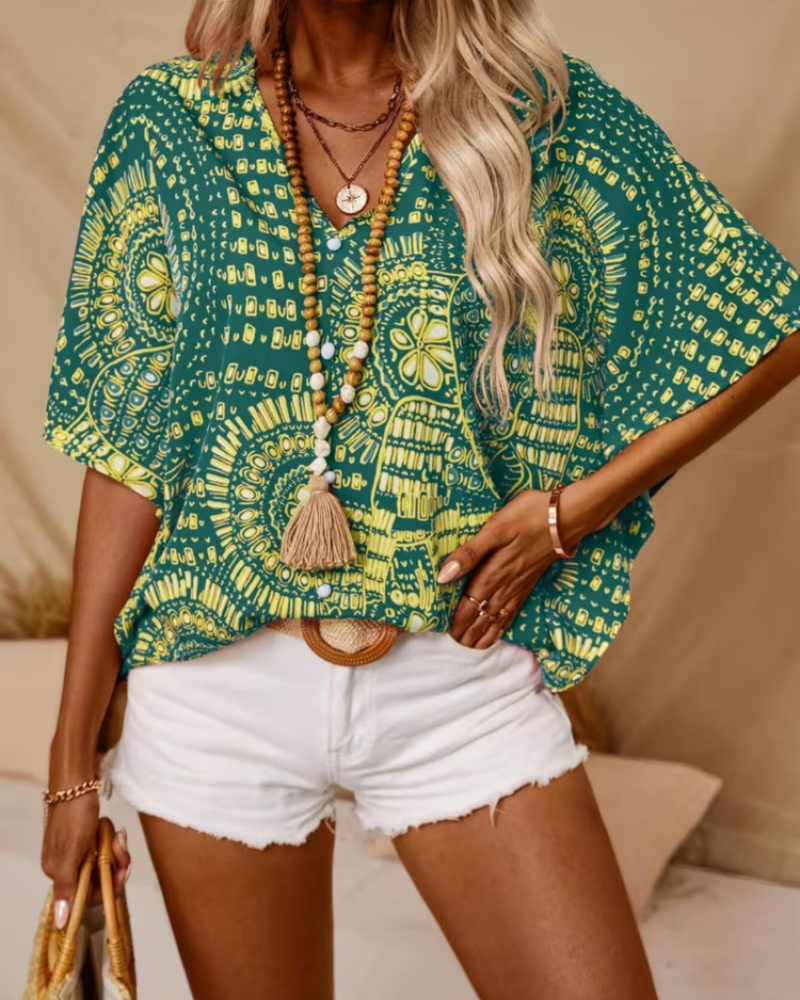 Benicia Women's Oversized Tunic Blouse – V-Neck Ethnic Print Batwing Summer Top