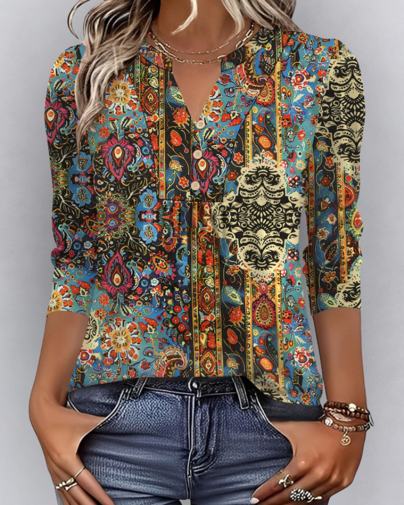 Hailey Women's Boho Blouse – V-Neck 3/4 Sleeve Pleated Casual Summer Top