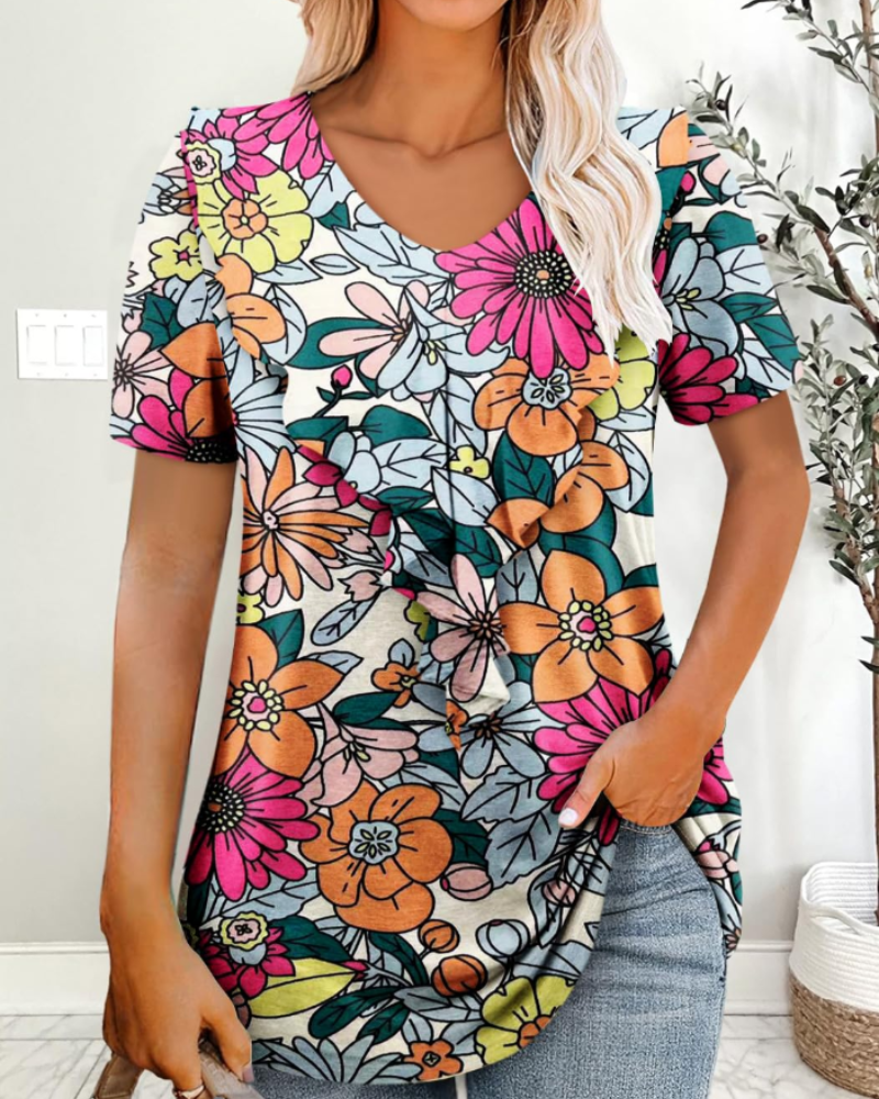 Brinna Women's Knit Tunic Blouse – V-Neck Short Sleeve Button Detail Summer Top
