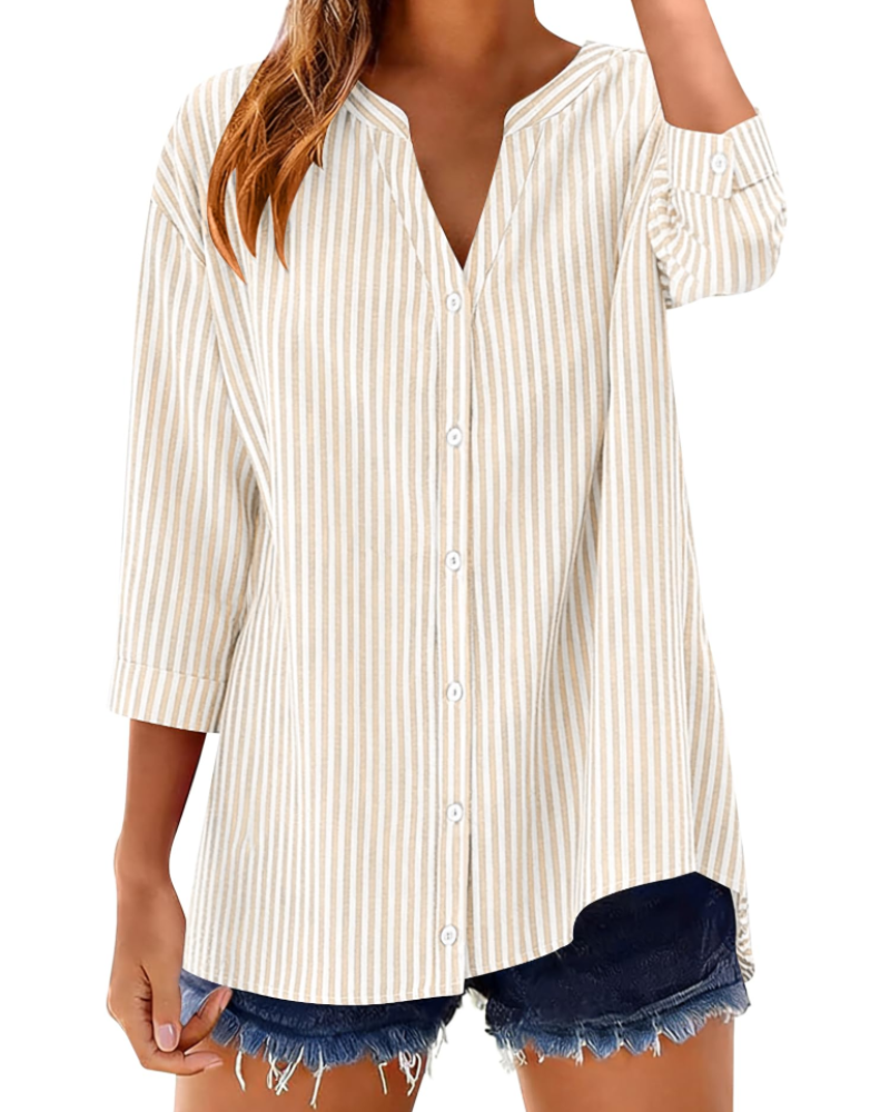 Sophie Women's Cotton Button Down Blouse – 3/4 Sleeve V-Neck Plaid Shirt
