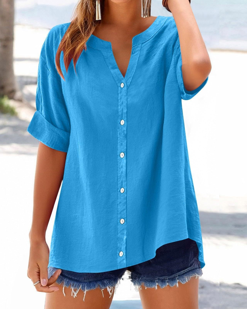 Bayla Women's Cotton Shirt – V-Neck Button-Down Roll-Up Sleeve Casual Blouse