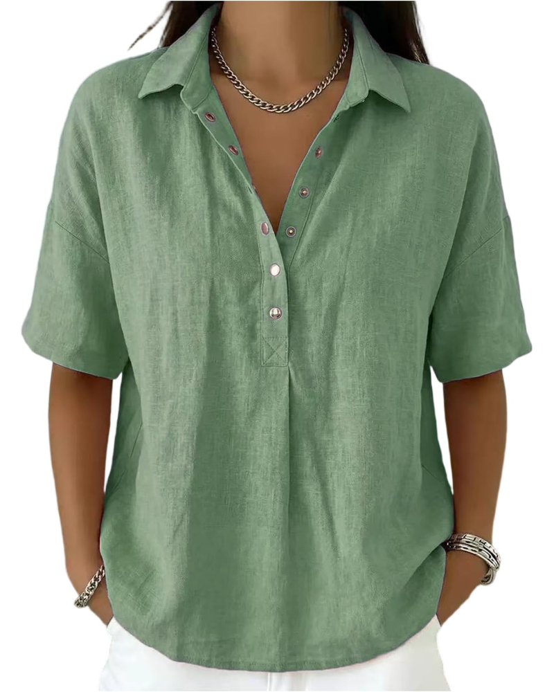 Franca Women's Linen Blouse – Half Sleeve Henley V-Neck Button Summer Shirt