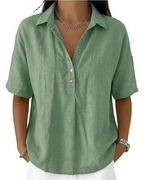 Franca Women's Linen Blouse – Half Sleeve Henley V-Neck Button Summer Shirt