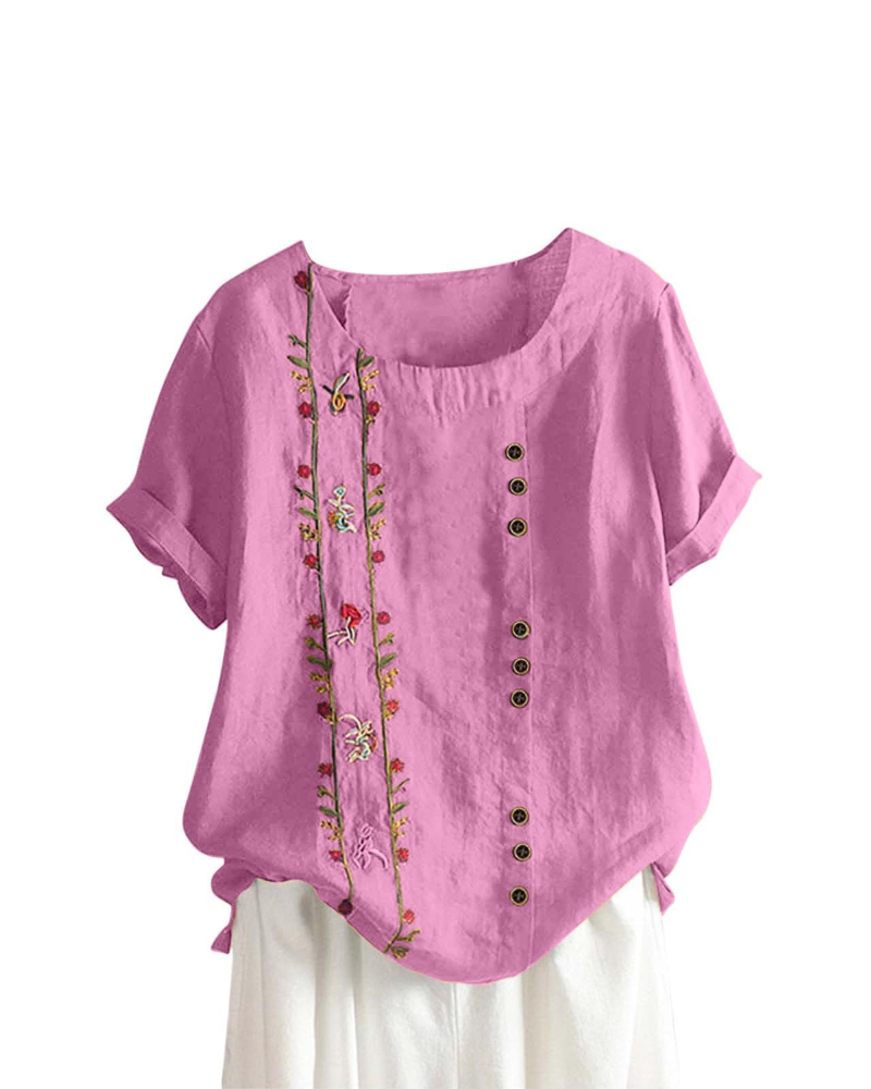 Amelia Women's Linen Blend Blouse – Floral Cotton Linen Summer Top